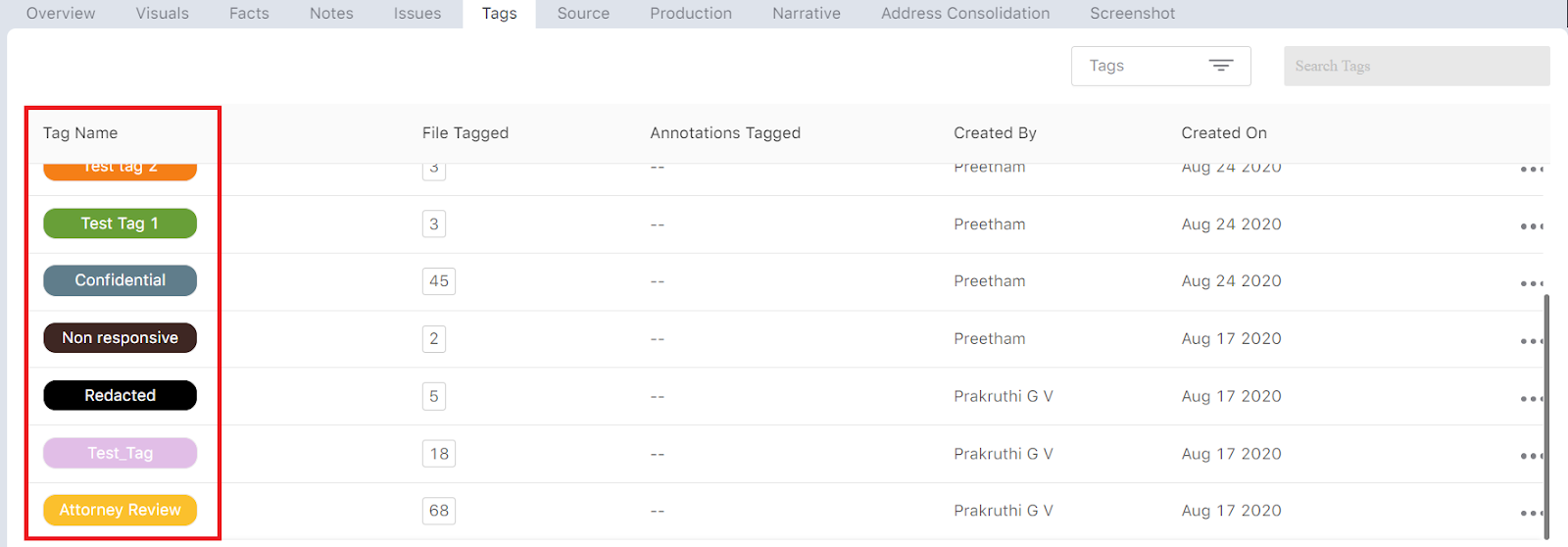 Create tags depending on the stage of review or status of the file within the TAR software