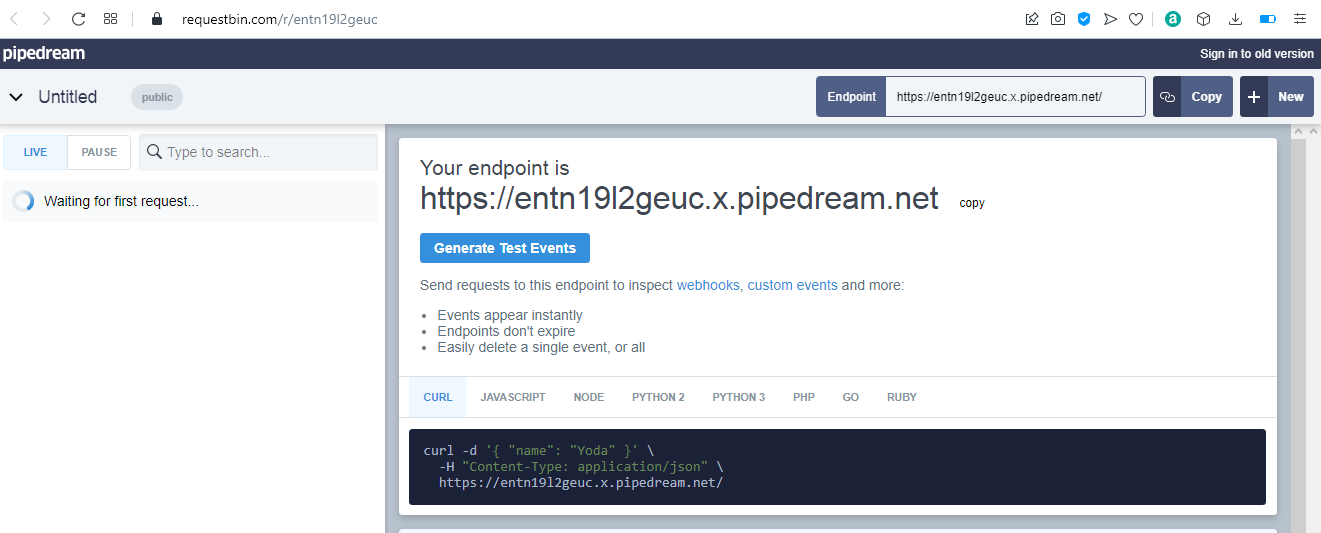 Webhooks Testing: pipedream endpoint