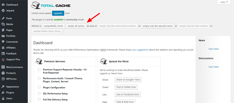 como limpar o cache do WordPress w3 cache total