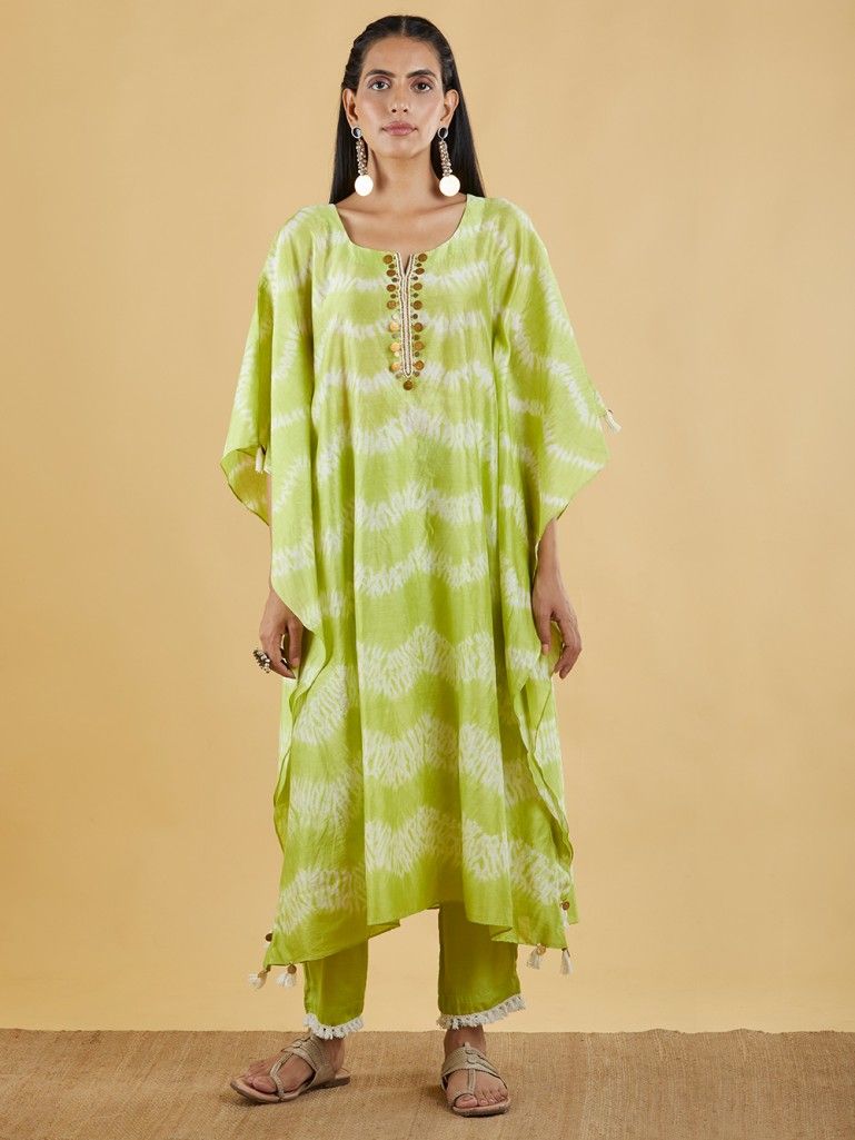 Lime Green Shibori Dyed Chanderi Kaftans with Muslin Cotton Pants