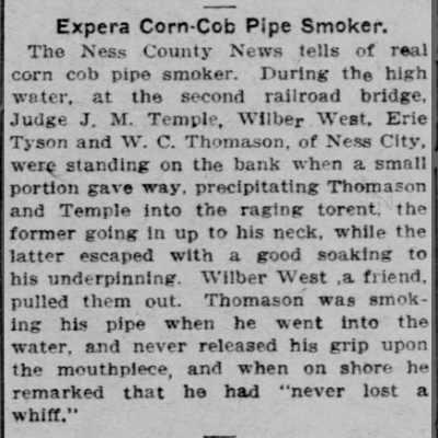 WC Thomason spill into river, corn-cob pipe &quot;never lost a whiff&quot; - 26 Aug 1903 (Wichita Daily Eagle)