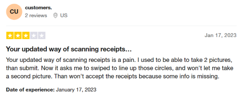 A three-star Fetch Rewards review from a user who claims uploading receipts is a burden. 