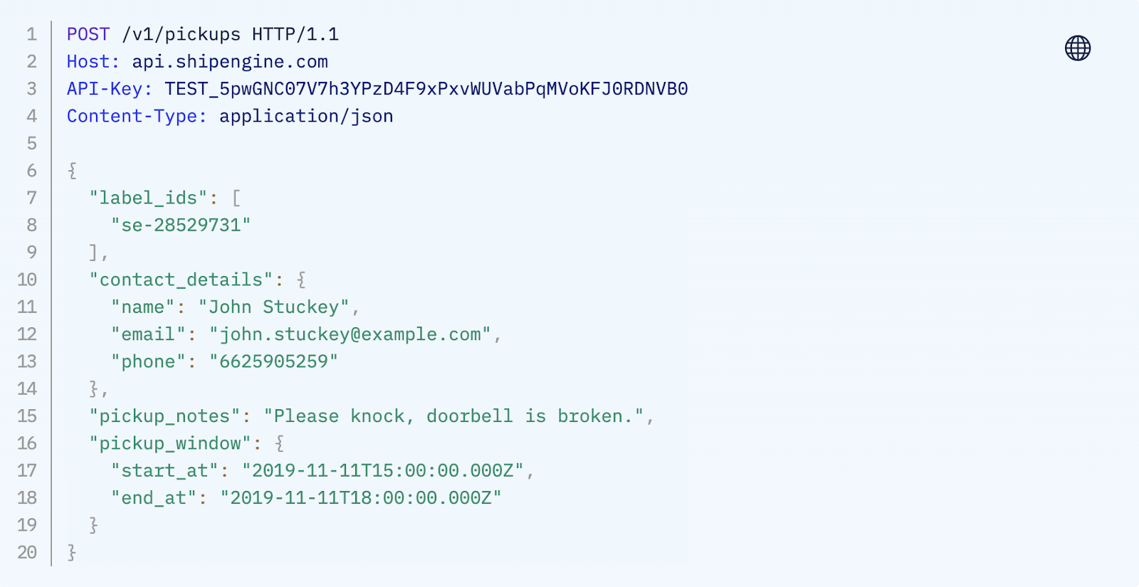 Code sample for API call for UPS pickup service through ShipEngine shipping API 
