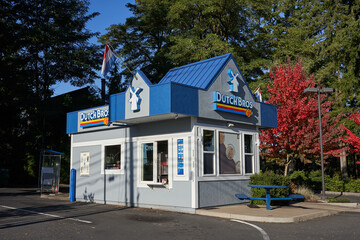 Tigard, Oregon, USA - Oct 9, 2019: A Dutch Bros Coffee drive-thru location in Tigard. Dutch Bros Coffee is currently the largest privately held drive-thru coffee chain in the US.