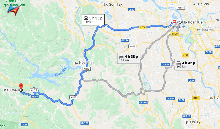 Route from Hanoi to Mai Chau map