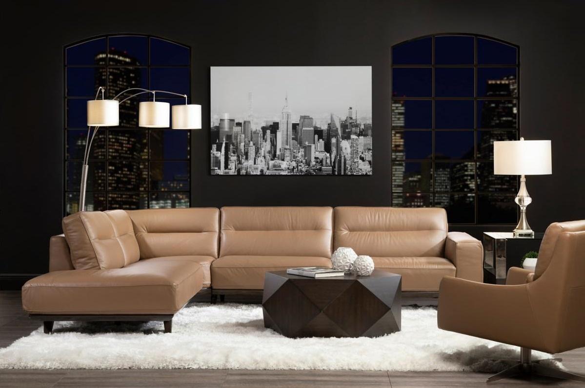Brown Leather Sectional in Trendy Living Room 