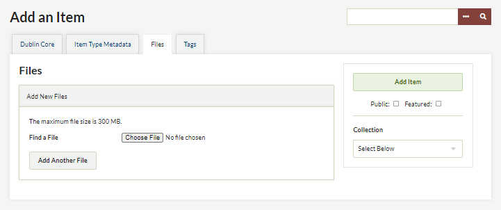 Omeka screenshot: Add an Item, Add new files