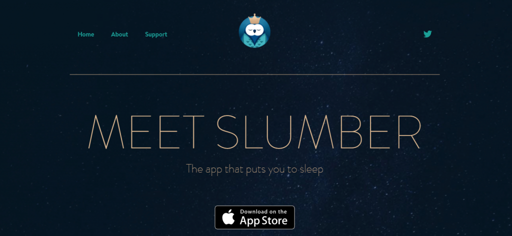 Une capture d'écran du site Web de Slumber avec une combinaison classique de couleurs bleu, turquoise et or.