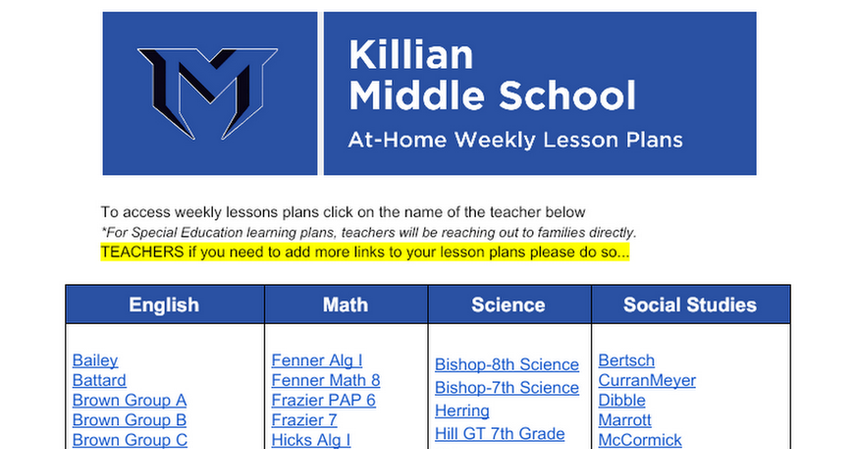 Killian MS | At-Home Weekly Lesson Plans