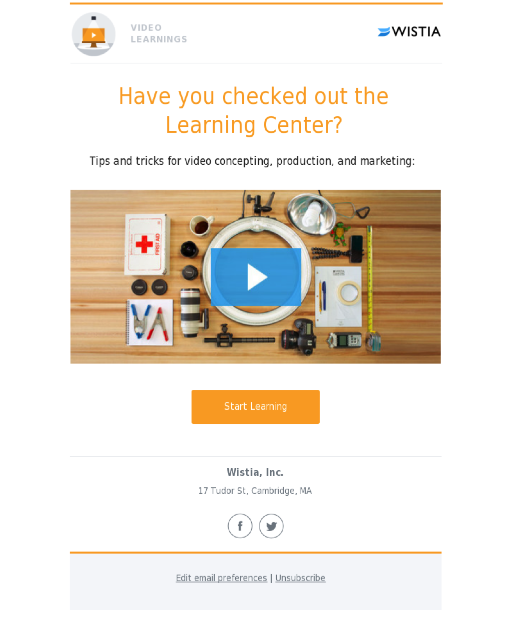 Wistia email example of a welcome email that shares their learning center