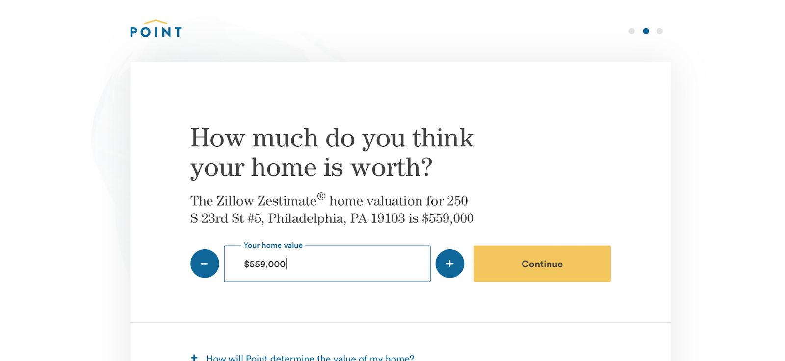 Point prompt asking "How much do you think your home is worth?"