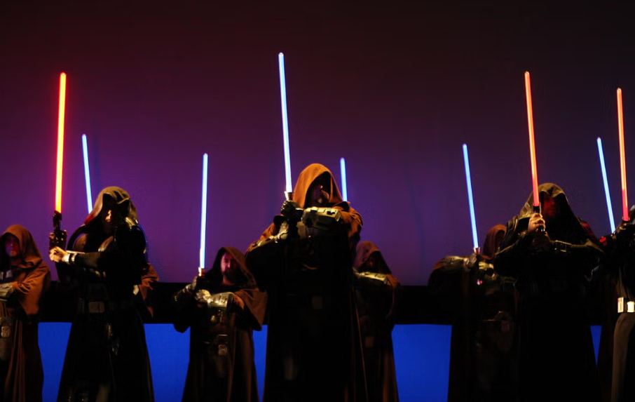 a display of blue and red lightsabers