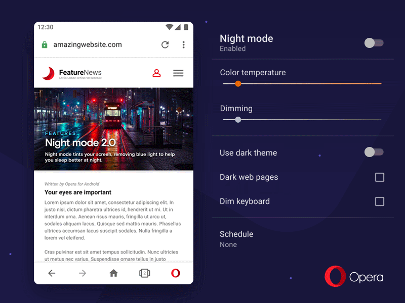 Modalità notturna e tema scuro in Opera 55 per Android.