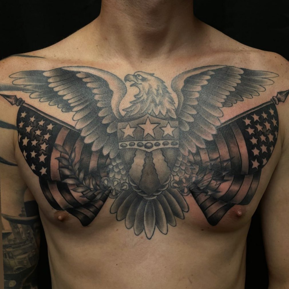 Delicate Eagle Tattoo Design With Flag