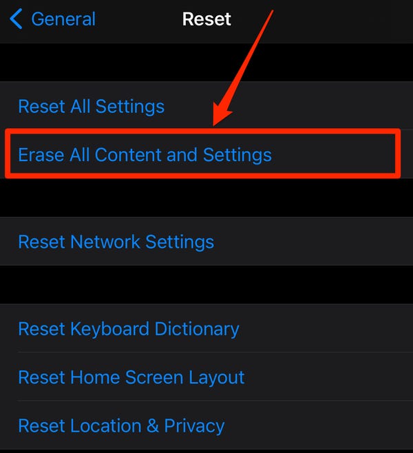 If you're certain you want to erase everything, tap "Erase All Content and Settings."