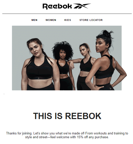 screenshot of Reebok home page with people dressed in all black