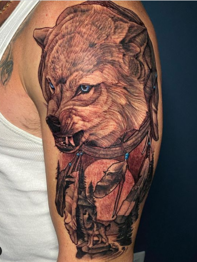 Black And Gray Wolf Biceps Tattoo