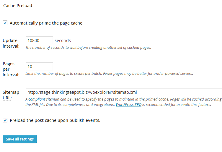 configurações avançadas de cache total w3 - pré-carregamento de cache