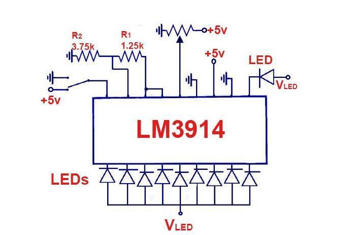Akumuliatoriaus indikatorius su LM3914 grandinės schema