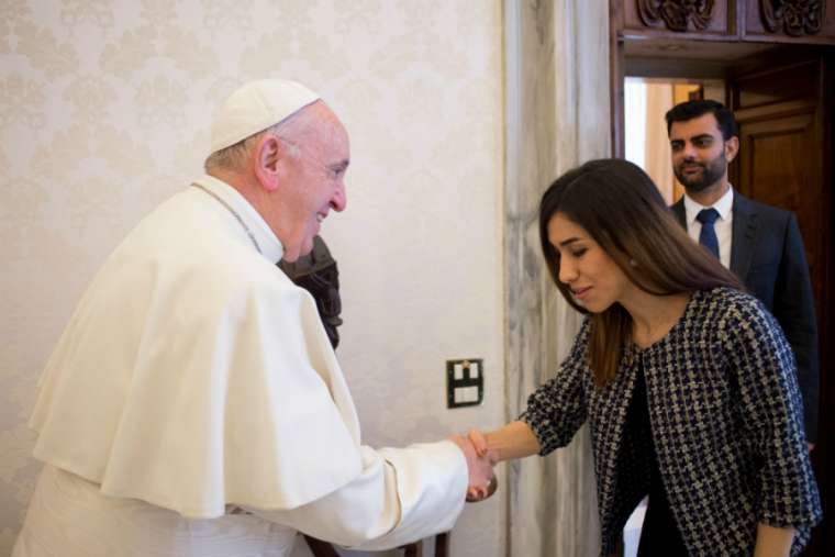 Pope Francis meets with Nobel Peace prize winner Nadia Murad Dec. 20, 2018. Credit: Vatican Media.
