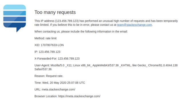 Screenshot of an error page entitled "Too many requests", containing information about the HTTP request made and why this block was encountered.