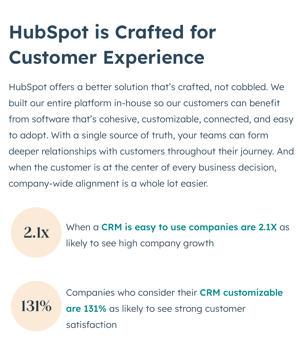 The screenshot explains that "HubSpot is Crafted for Customer Experience" and offers some statistics, such as "When a CRM is easy to use companies are 2.1X as likely to see high company growth" and "Companies who consider their CRM customizable are 131% as likely to see strong customer satisfaction.