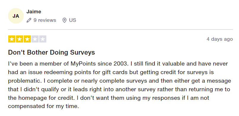 3-star MyPoints review says they've been a member since 2003 and still find it valuable, but getting credit for surveys is problematic. 