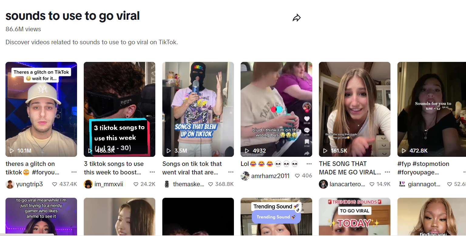 A comprehensive guide or suggestions for sounds to use on TikTok to potentially go viral, including user interaction and engagement statistics.