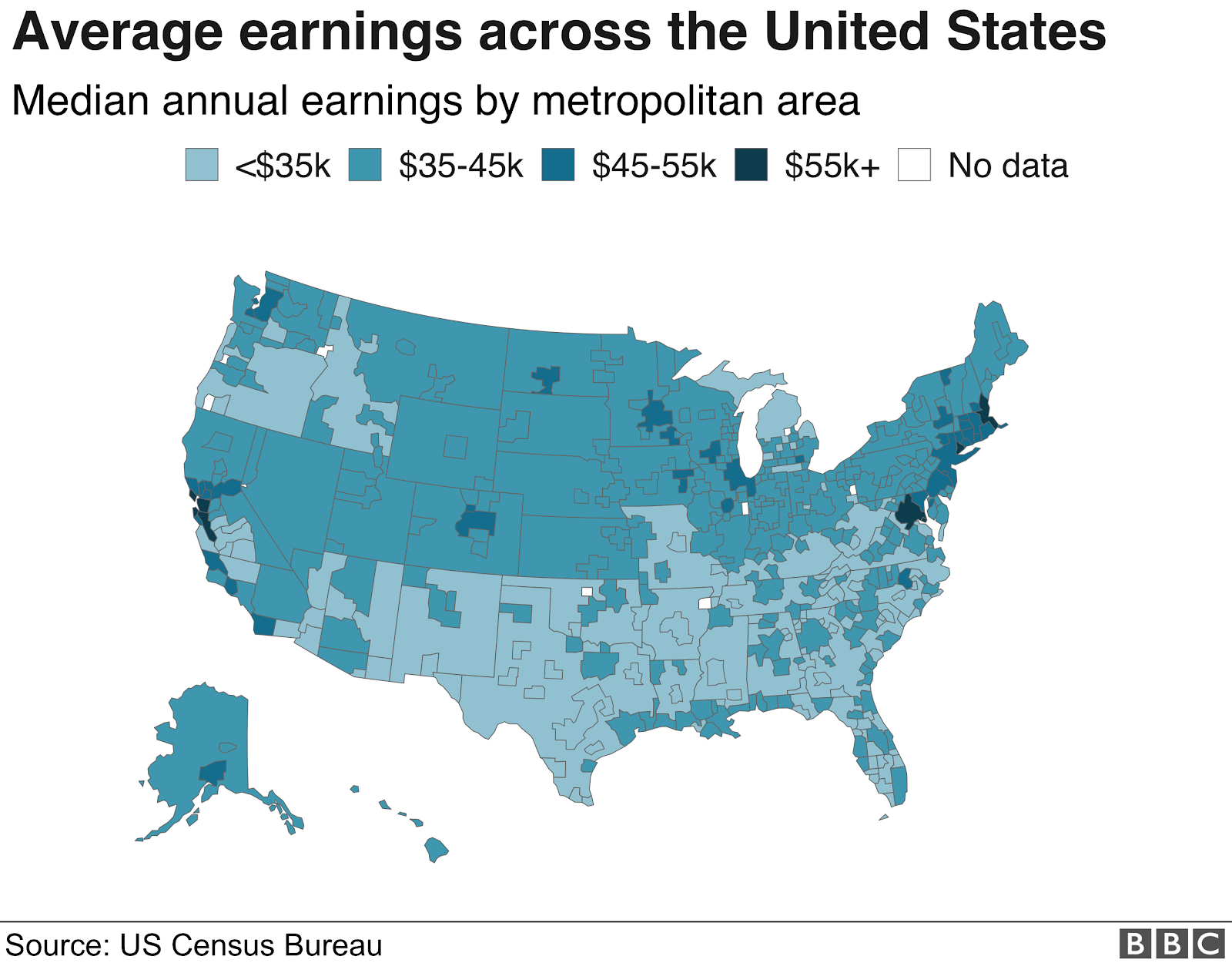 Map of earnings in United States by metropolitan area