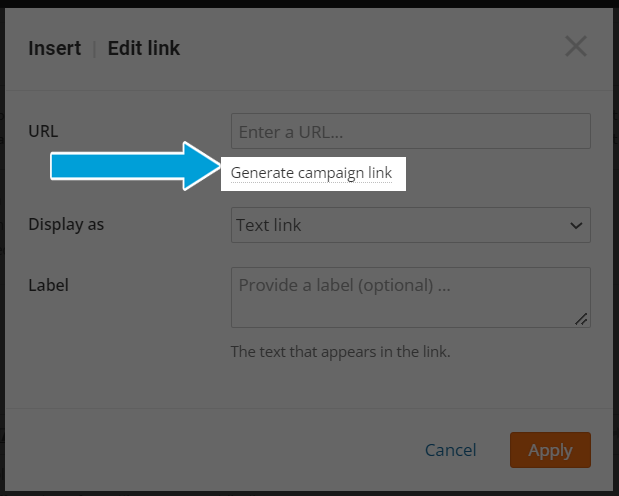 Screenshot of the insert/edit link menu. Under the option to type a url, it says 'generate campaign link'