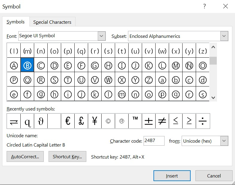 searching for circled B Symbols text using the character code