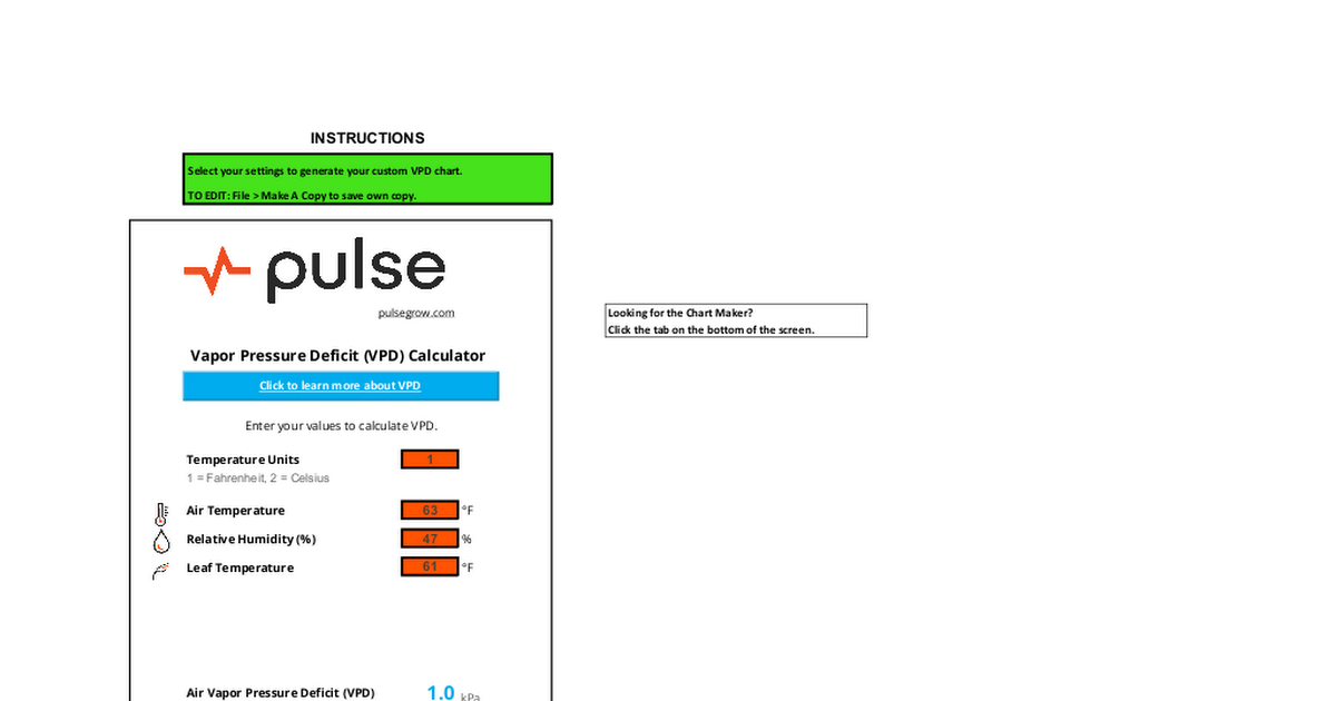 Pulse Grow VPD Chart Maker and Calculator - Google Sheets