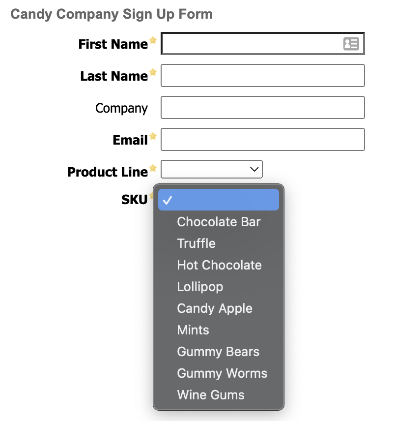 A SKU dropdown field showing a list of candy products and a check mark symbol.