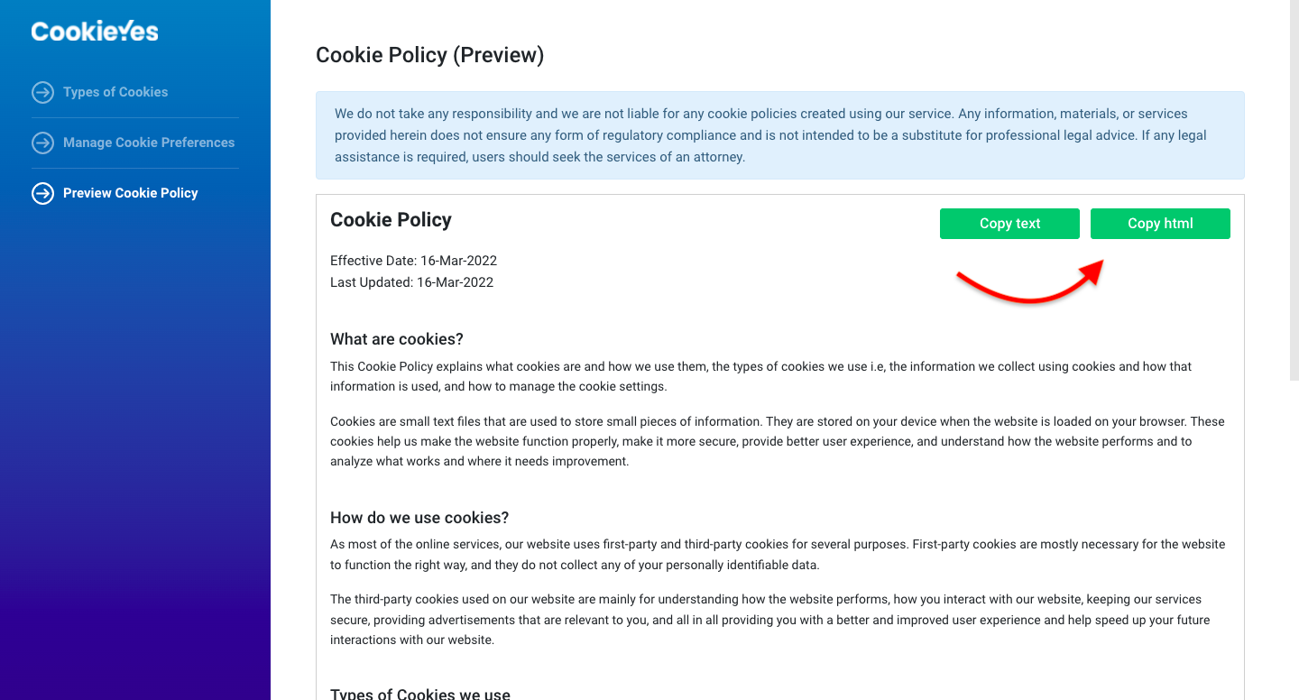 cookieyes cookie policy for Shopify website