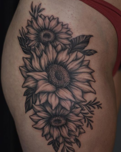 Sunflower Tattoo Design On Thigh