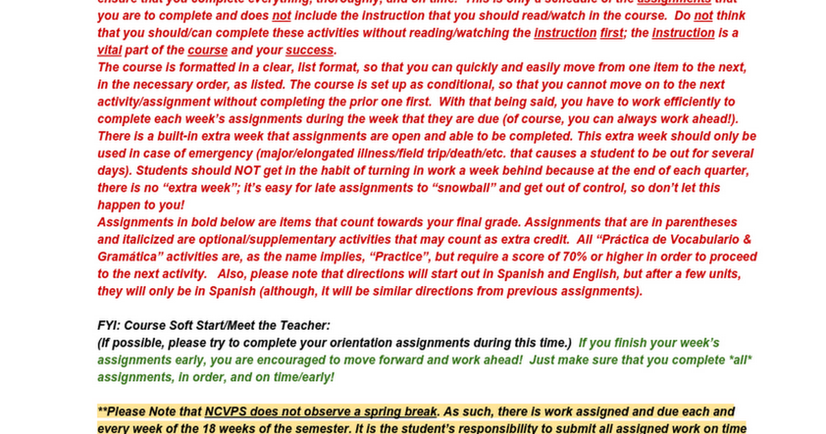 Block Spanish II Schedule of Assignments - Moodle Spring 2016