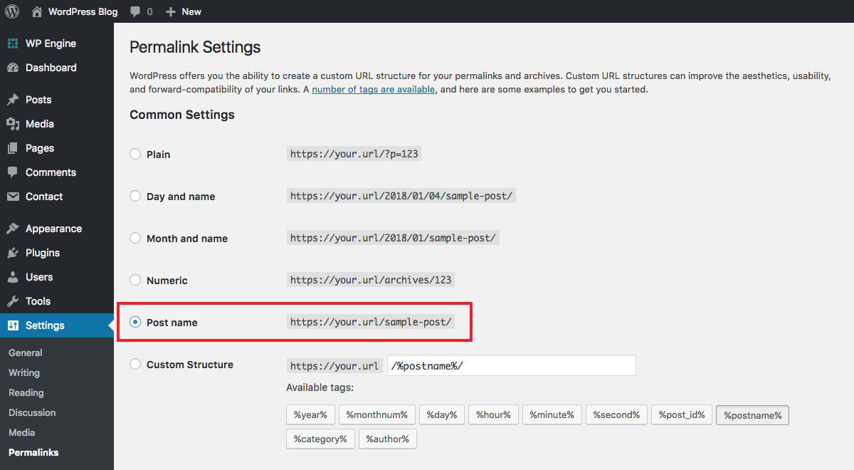 Configurações do WordPress: links permanentes