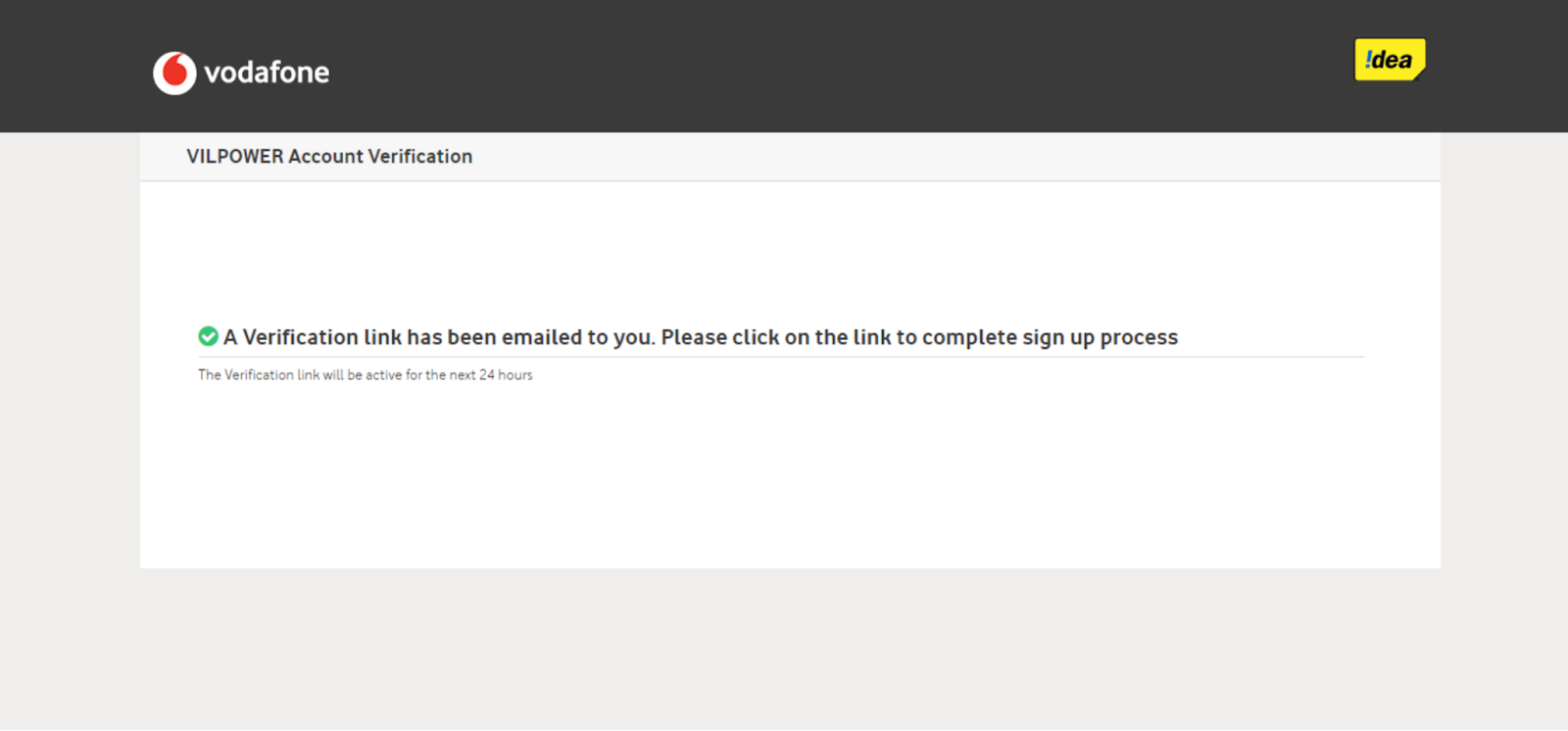 Account verified notification on the Vodafone DLT registration website