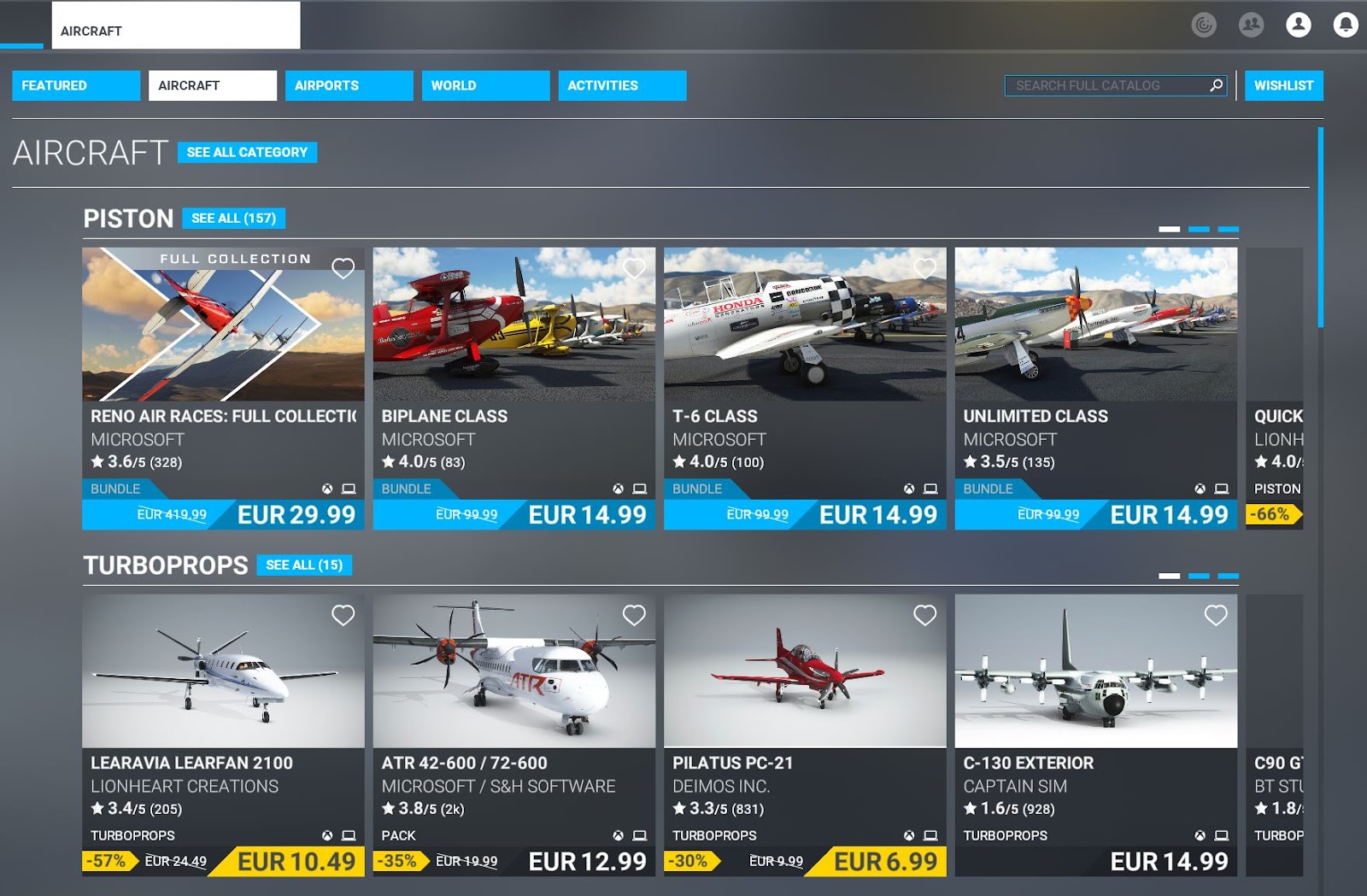 A screenshot of the Microsoft Flight Simulator marketplace.