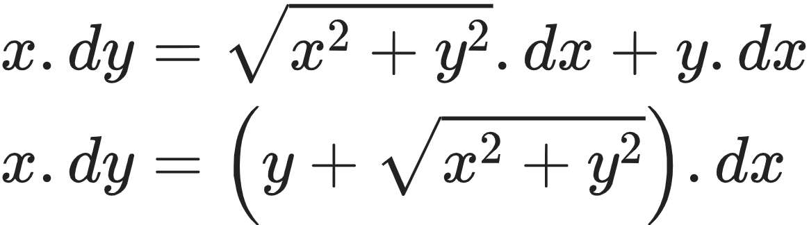 {"type":"align*","font":{"size":10,"color":"#222222","family":"Arial"},"id":"13-1-1","code":"\\begin{align*}\n{x.dy}&={{\\sqrt[]{x^{2}+y^{2}}}.dx+y.dx}\\\\\n{x.dy}&={\\left(y+{\\sqrt[]{x^{2}+y^{2}}}\\right).dx}\t\n\\end{align*}","ts":1604063764182,"cs":"cBx0G3pvLjiLz6ENIb/IEw==","size":{"width":193,"height":53}}