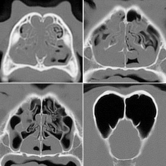 CT scans of a 13-year-old, neutered male, English Springer spaniel depicting an acute non-destructive sinorhinopathy. 