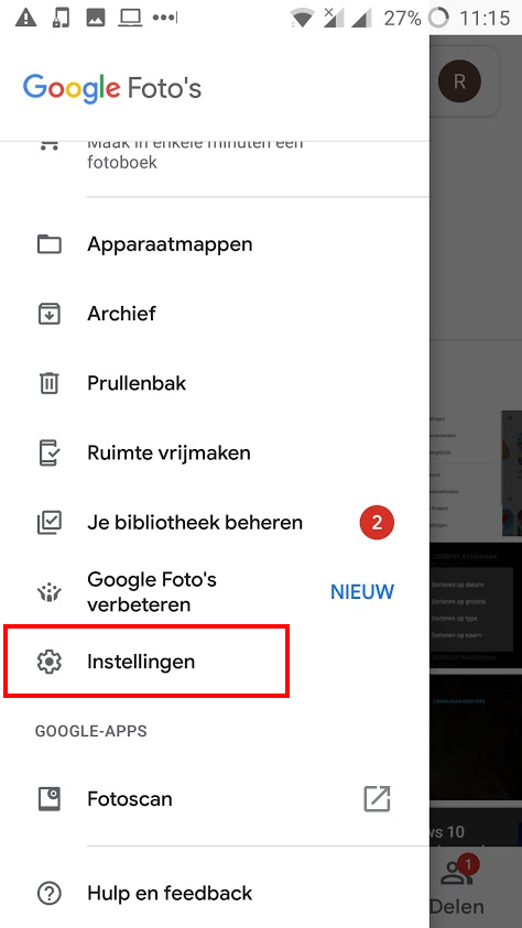 Google Foto's instellingen menu