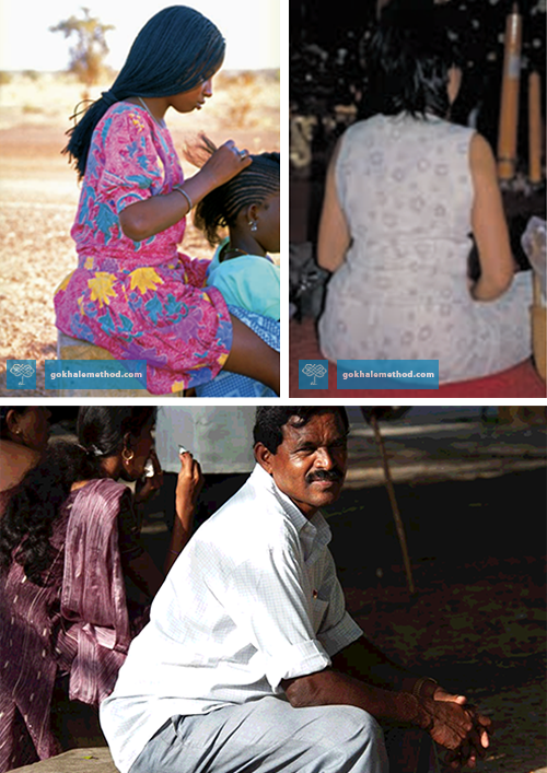 Images showing individuals sitting well in Africa, Thailand and India.