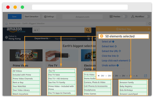 sun amazon with Earth's biggest select io Electr• •n' TV family - with SO elements selected Extract text Extract the URL Click the link O Loop click each element e Undo action O & Video Family Ba by Registry Kids 