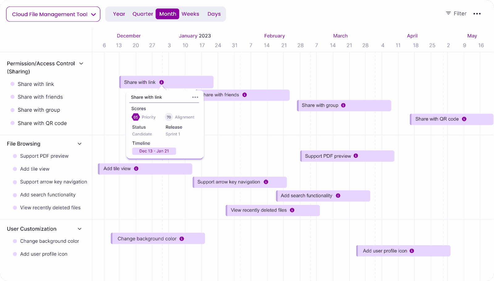 Build agile, customizable product roadmaps tailored to your team’s unique prioritization framework.