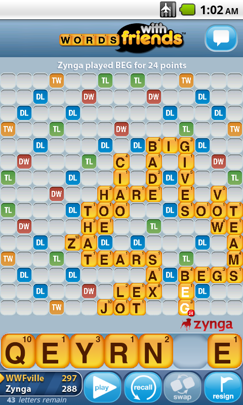 Words with Friends, one of the best electronic games for seniors