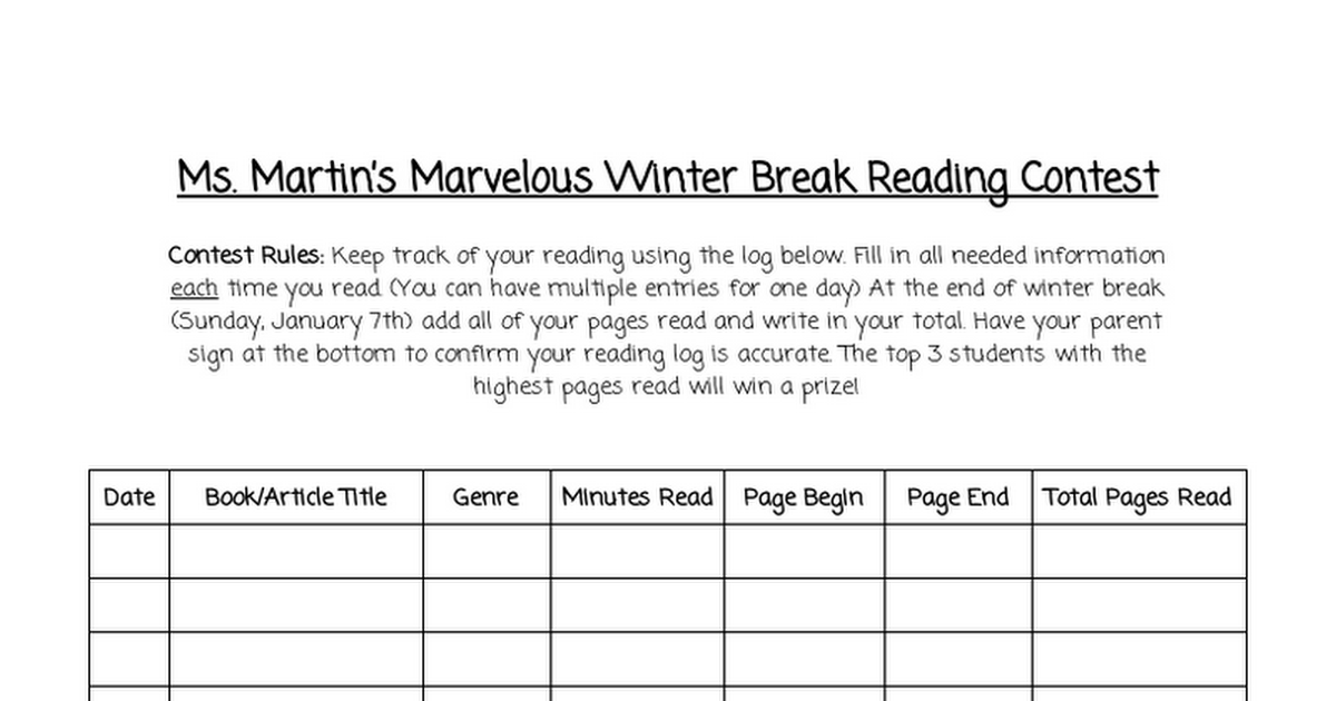 winter break reading contest