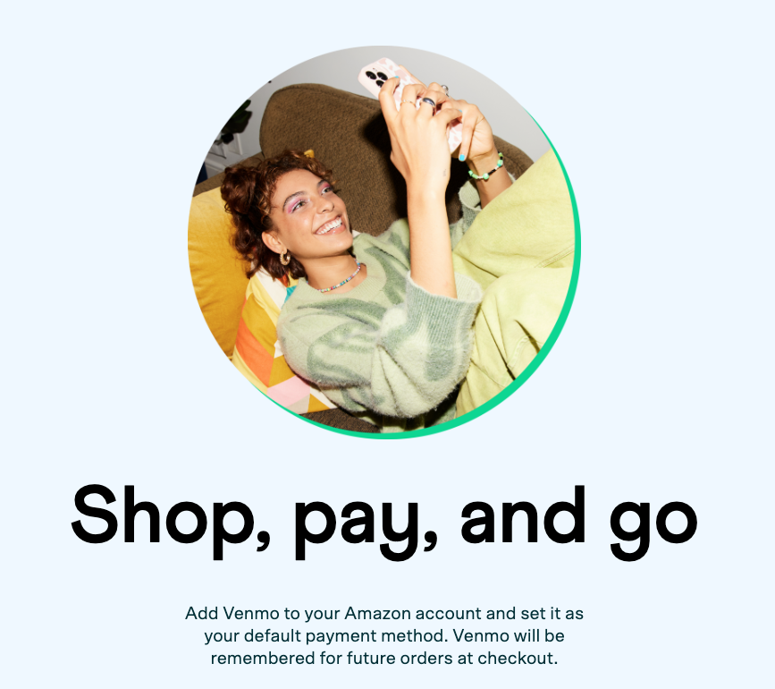 screenshot from amazon.com showing woman shopping with venmo payment feature on amazon
