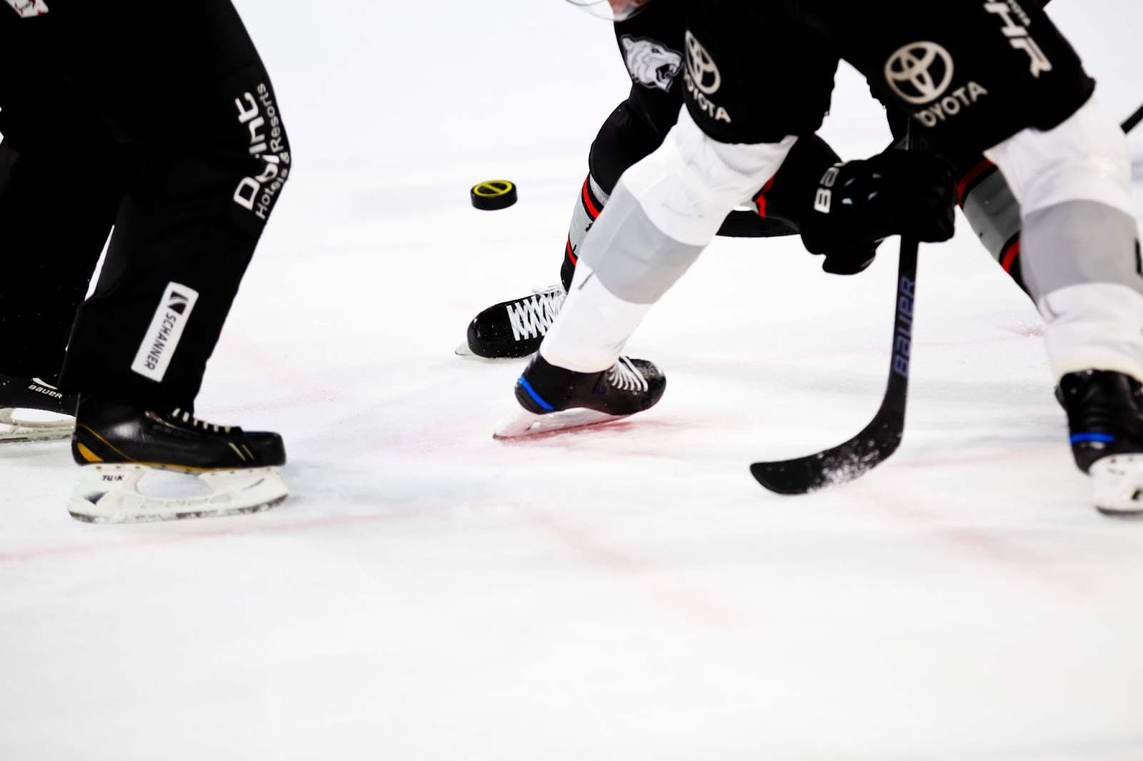 a closeup action shot of two hockey players and one referee's ice skates, with a stick and puck on the ice 