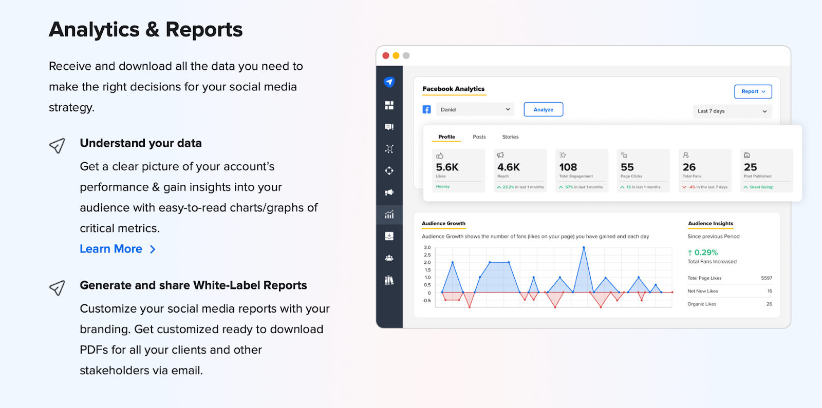 A screenshot of the "Analytics and Reports" section on SocialPilot's website. It illustrates how the platform works with an image of it. Then, it explains what you can use it for, such as "Understand your data" and "Generate and share White-Label Reports"